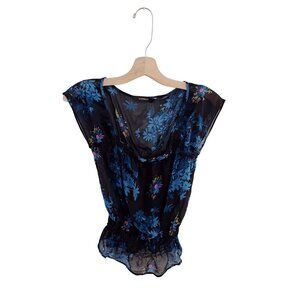 Vintage Y2K Express Silk Floral Top Smocked Black Blue
